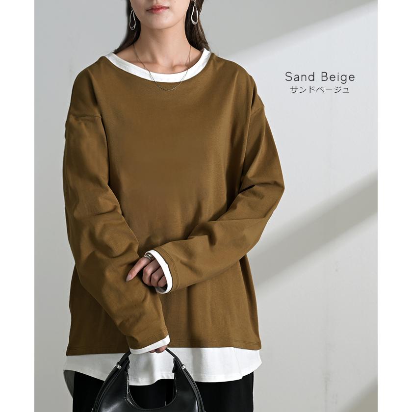 ロンT レイヤード 風 綿100 レディース Tシャツ トップス 長袖 カットソー ロング ティーシャツ チュニック ビッグ クルーネック 長い ドルマン | HUG.U | 21