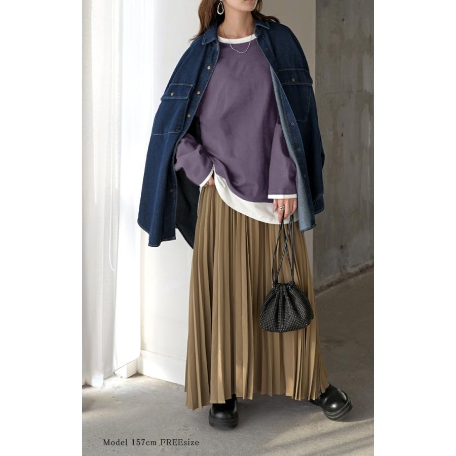 ロンT レイヤード 風 綿100 レディース Tシャツ トップス 長袖 カットソー ロング ティーシャツ チュニック ビッグ クルーネック 長い ドルマン | HUG.U | 23