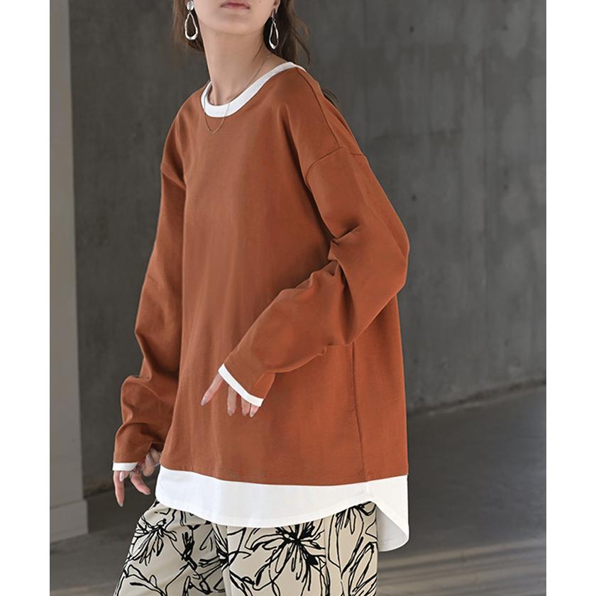 ロンT レイヤード 風 綿100 レディース Tシャツ トップス 長袖 カットソー ロング ティーシャツ チュニック ビッグ クルーネック 長い ドルマン | HUG.U | 07