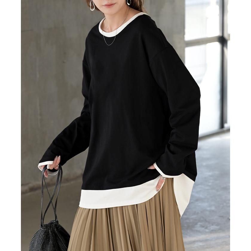 ロンT レイヤード 風 綿100 レディース Tシャツ トップス 長袖 カットソー ロング ティーシャツ チュニック ビッグ クルーネック 長い ドルマン | HUG.U | 09