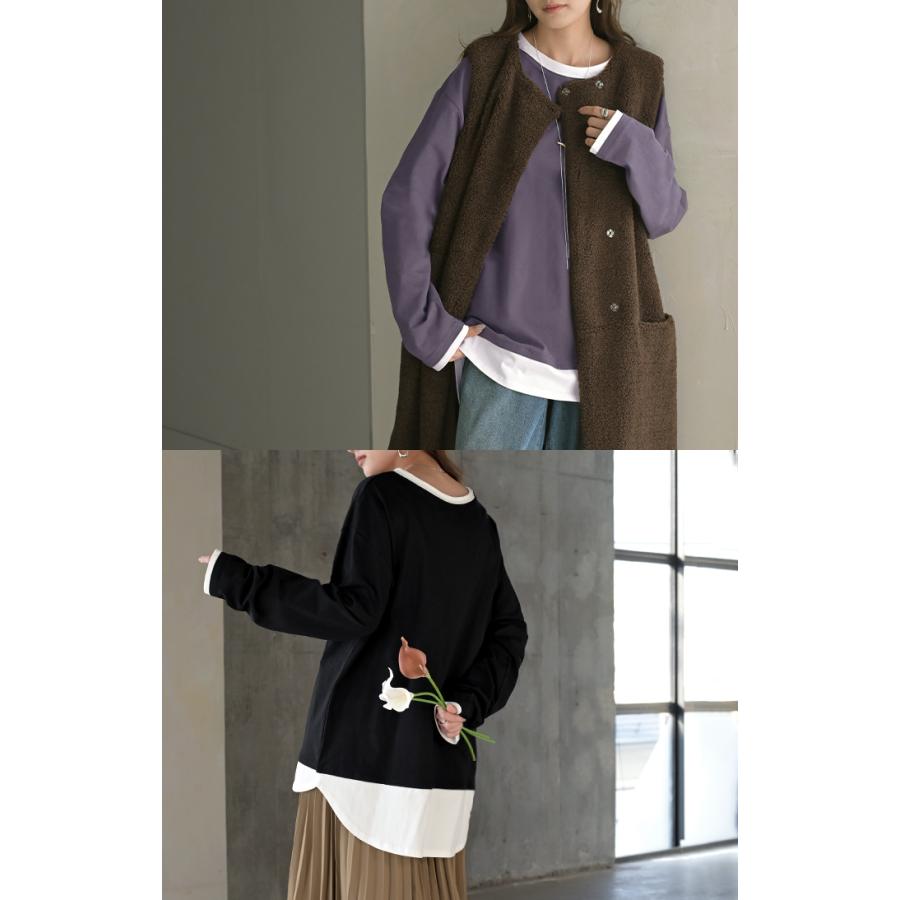 ロンT レイヤード 風 綿100 レディース Tシャツ トップス 長袖 カットソー ロング ティーシャツ チュニック ビッグ クルーネック 長い ドルマン | HUG.U | 12