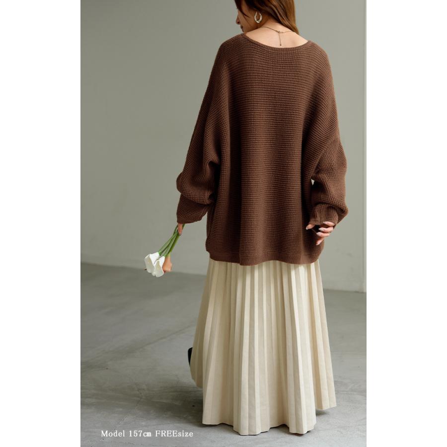 ニット ワッフル プルオーバー レディース トップス セーター ロング オーバー バルキー 長袖 クルーネック ボートネック リブ チュニック ドルマン ゆったり | HUG.U | 14