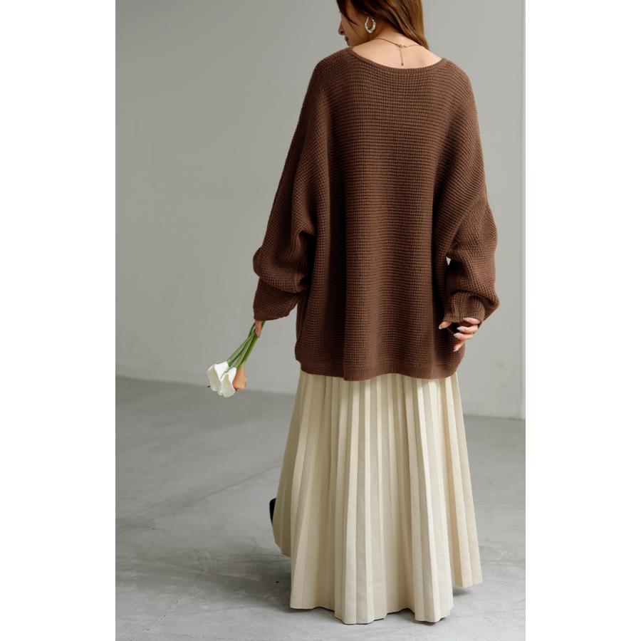 ニット ワッフル プルオーバー レディース トップス セーター ロング オーバー バルキー 長袖 クルーネック ボートネック リブ チュニック ドルマン ゆったり | HUG.U | 14