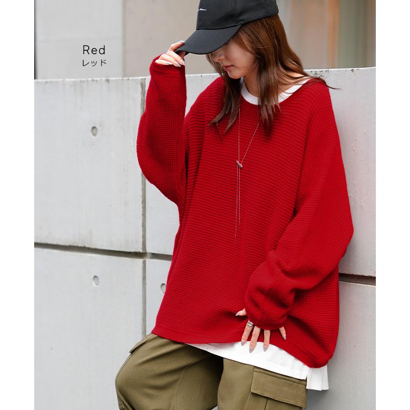 ニット ワッフル プルオーバー レディース トップス セーター ロング オーバー バルキー 長袖 クルーネック ボートネック リブ チュニック ドルマン ゆったり | HUG.U | 17