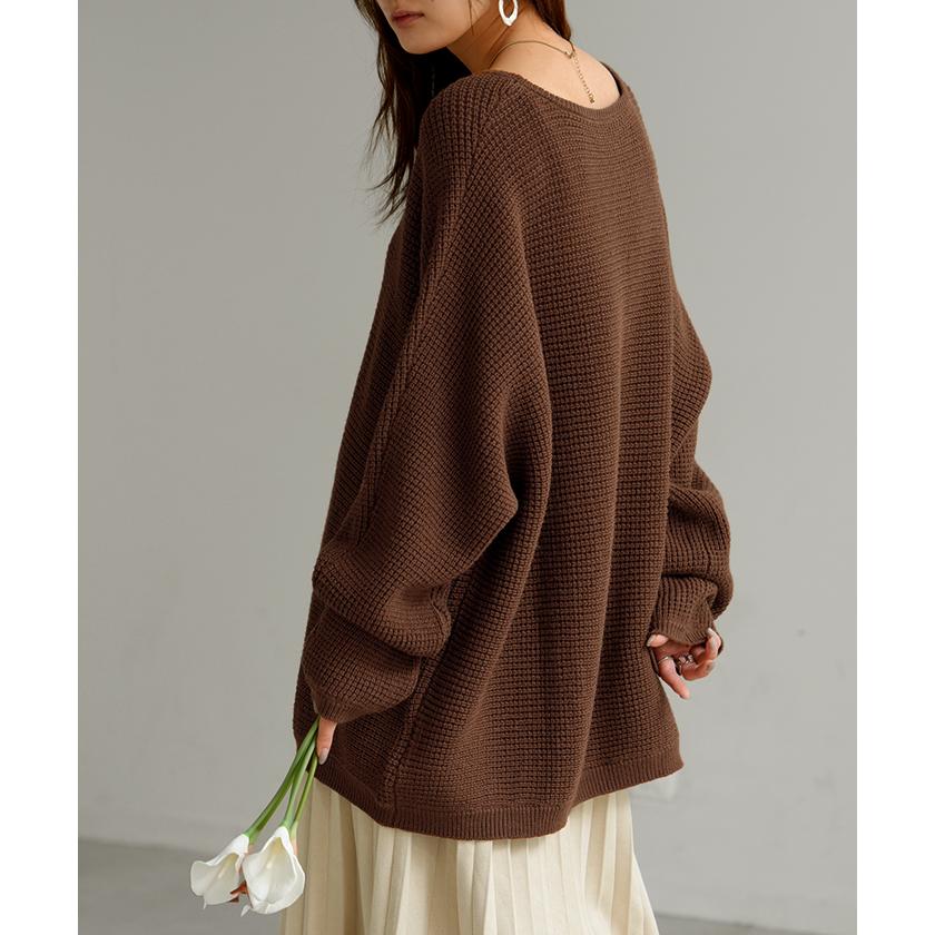 ニット ワッフル プルオーバー レディース トップス セーター ロング オーバー バルキー 長袖 クルーネック ボートネック リブ チュニック ドルマン ゆったり | HUG.U | 18
