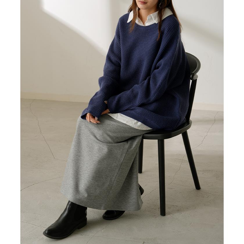 ニット ワッフル プルオーバー レディース トップス セーター ロング オーバー バルキー 長袖 クルーネック ボートネック リブ チュニック ドルマン ゆったり | HUG.U | 19