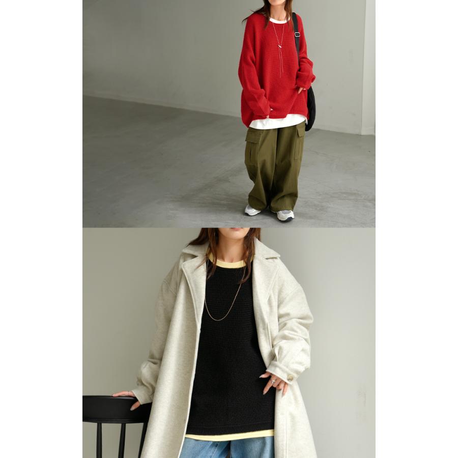 ニット ワッフル プルオーバー レディース トップス セーター ロング オーバー バルキー 長袖 クルーネック ボートネック リブ チュニック ドルマン ゆったり | HUG.U | 22