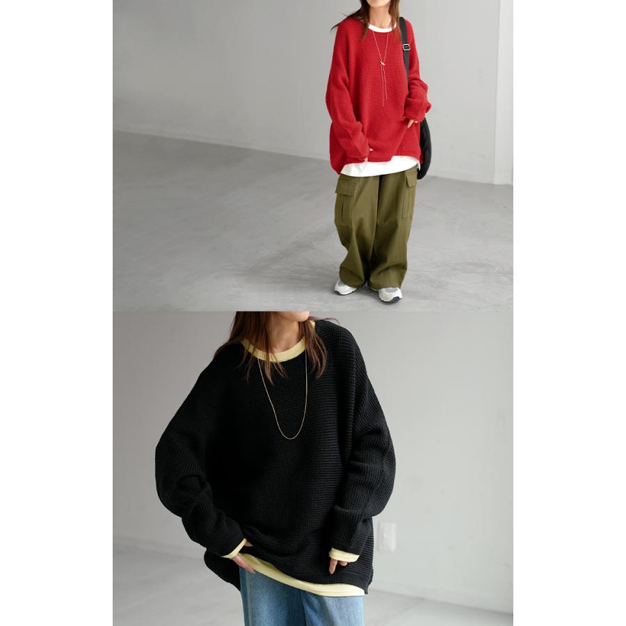 ニット ワッフル プルオーバー レディース トップス セーター ロング オーバー バルキー 長袖 クルーネック ボートネック リブ チュニック ドルマン ゆったり | HUG.U | 22