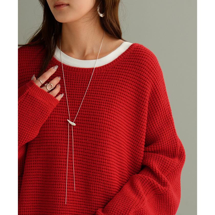 ニット ワッフル プルオーバー レディース トップス セーター ロング オーバー バルキー 長袖 クルーネック ボートネック リブ チュニック ドルマン ゆったり | HUG.U | 23