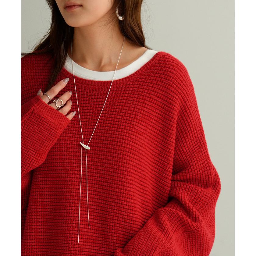 ニット ワッフル プルオーバー レディース トップス セーター ロング オーバー バルキー 長袖 クルーネック ボートネック リブ チュニック ドルマン ゆったり | HUG.U | 23