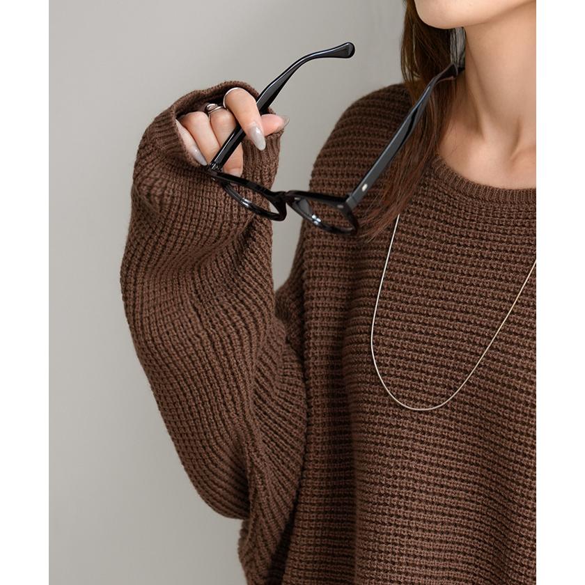 ニット ワッフル プルオーバー レディース トップス セーター ロング オーバー バルキー 長袖 クルーネック ボートネック リブ チュニック ドルマン ゆったり | HUG.U | 07