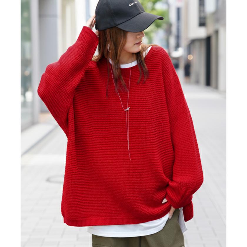 ニット ワッフル プルオーバー レディース トップス セーター ロング オーバー バルキー 長袖 クルーネック ボートネック リブ チュニック ドルマン ゆったり | HUG.U | 08