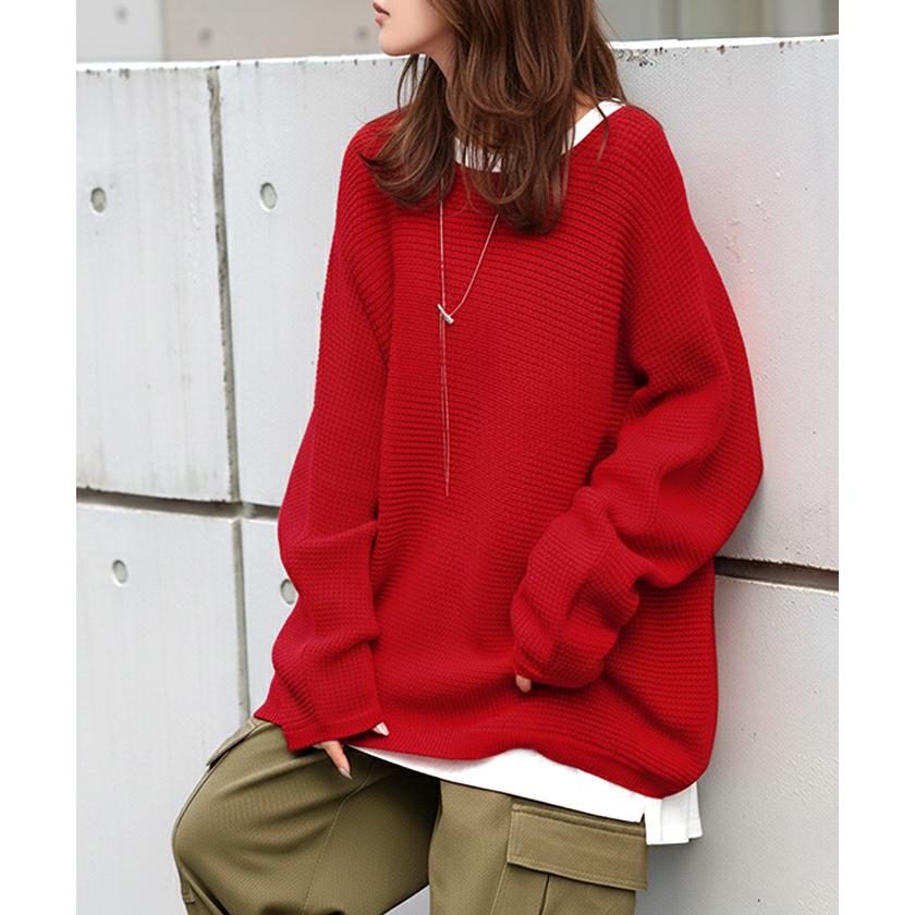 ニット ワッフル プルオーバー レディース トップス セーター ロング オーバー バルキー 長袖 クルーネック ボートネック リブ チュニック ドルマン ゆったり | HUG.U | 08