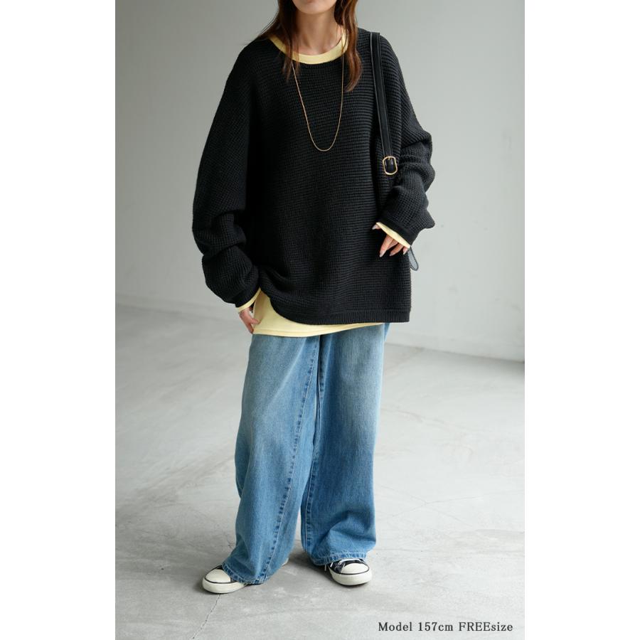 ニット ワッフル プルオーバー レディース トップス セーター ロング オーバー バルキー 長袖 クルーネック ボートネック リブ チュニック ドルマン ゆったり | HUG.U | 09