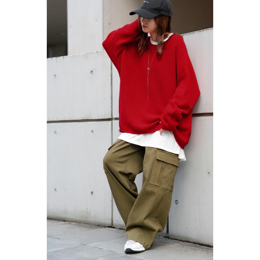 ニット ワッフル プルオーバー レディース トップス セーター ロング オーバー バルキー 長袖 クルーネック ボートネック リブ チュニック ドルマン ゆったり | HUG.U | 11