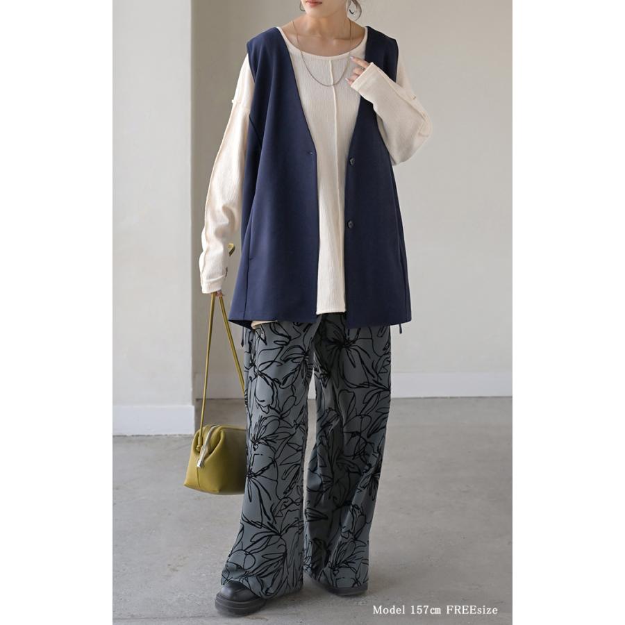 ジレ ロング 深V レディース トップス ベスト アウター ノーカラー Vネック ロングジレ ノースリーブ サイドベルト レイヤード ストレッチ | HUG.U | 13