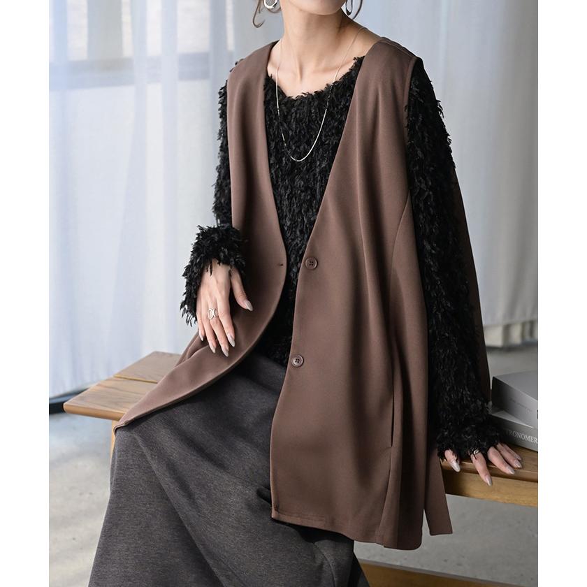 ジレ ロング 深V レディース トップス ベスト アウター ノーカラー Vネック ロングジレ ノースリーブ サイドベルト レイヤード ストレッチ | HUG.U | 15