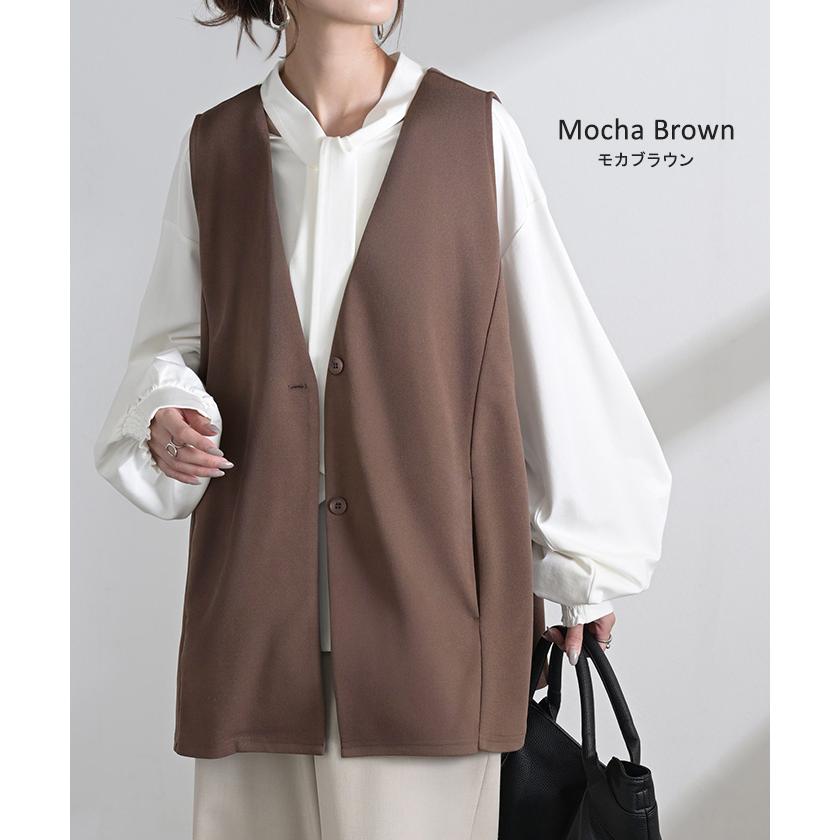 ジレ ロング 深V レディース トップス ベスト アウター ノーカラー Vネック ロングジレ ノースリーブ サイドベルト レイヤード ストレッチ | HUG.U | 16