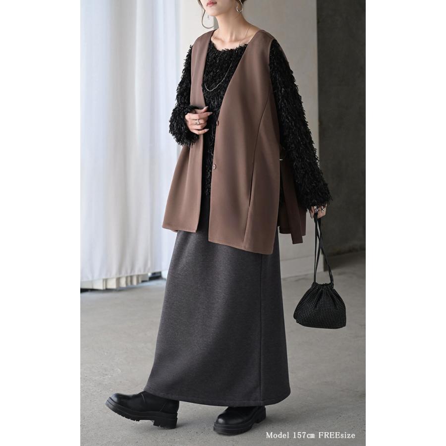 ジレ ロング 深V レディース トップス ベスト アウター ノーカラー Vネック ロングジレ ノースリーブ サイドベルト レイヤード ストレッチ | HUG.U | 17