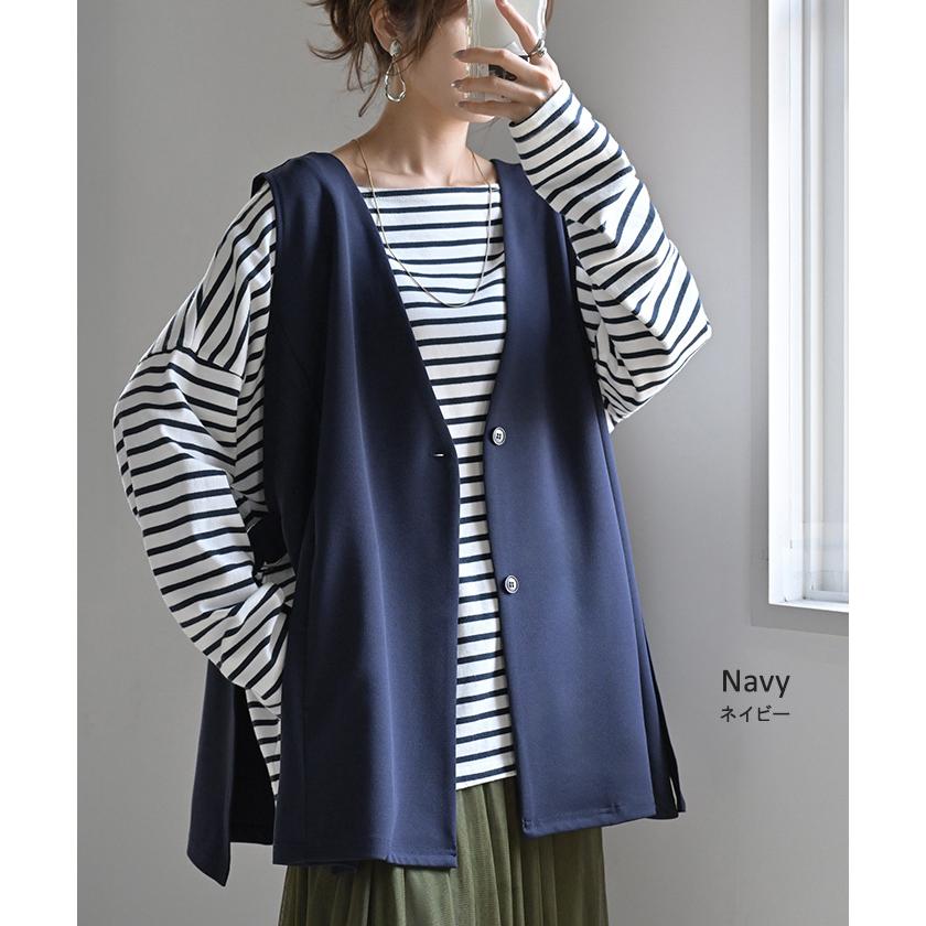 ジレ ロング 深V レディース トップス ベスト アウター ノーカラー Vネック ロングジレ ノースリーブ サイドベルト レイヤード ストレッチ | HUG.U | 18