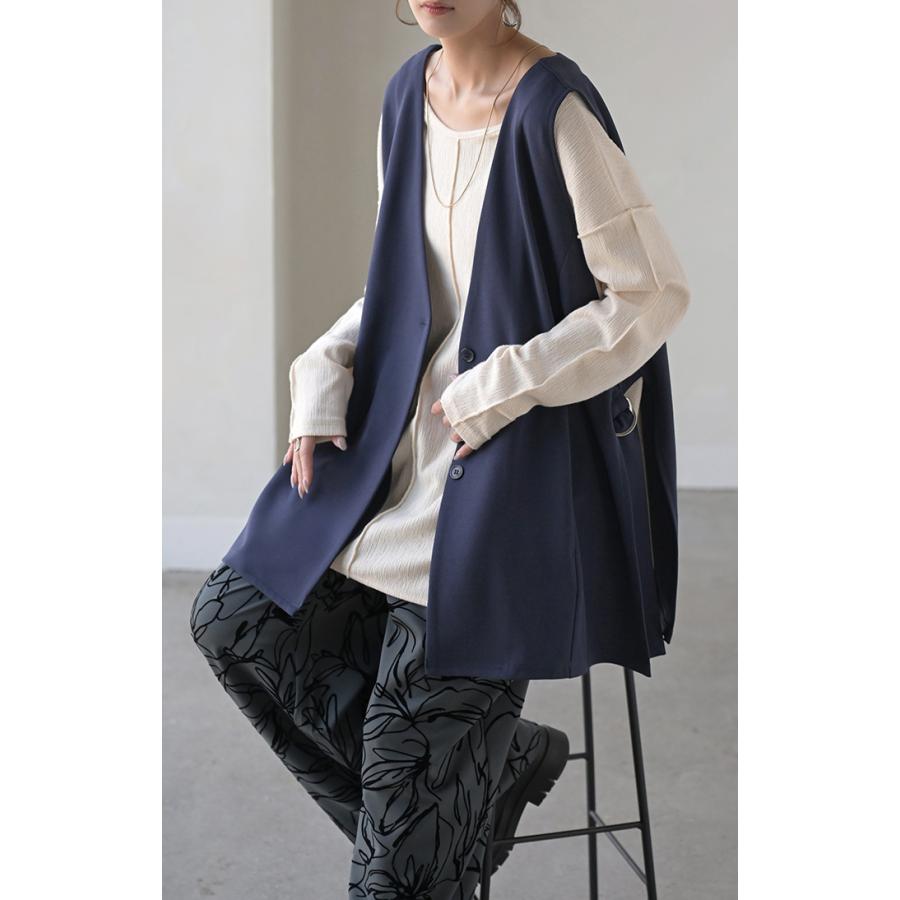 ジレ ロング 深V レディース トップス ベスト アウター ノーカラー Vネック ロングジレ ノースリーブ サイドベルト レイヤード ストレッチ | HUG.U | 19