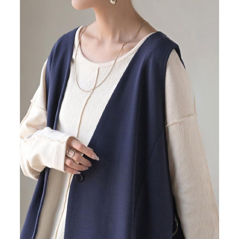 ジレ ロング 深V レディース トップス ベスト アウター ノーカラー Vネック ロングジレ ノースリーブ サイドベルト レイヤード ストレッチ | HUG.U | 20