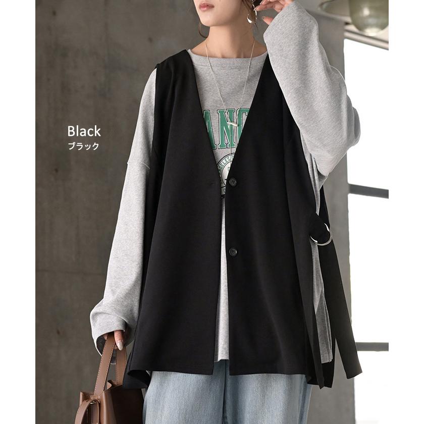 ジレ ロング 深V レディース トップス ベスト アウター ノーカラー Vネック ロングジレ ノースリーブ サイドベルト レイヤード ストレッチ | HUG.U | 22