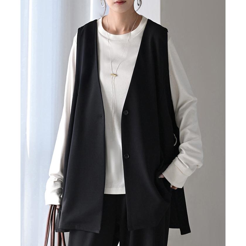 ジレ ロング 深V レディース トップス ベスト アウター ノーカラー Vネック ロングジレ ノースリーブ サイドベルト レイヤード ストレッチ | HUG.U | 07