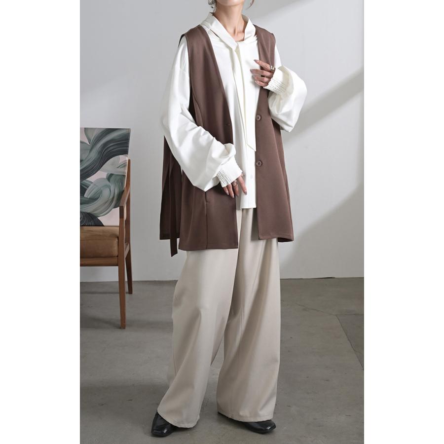 ジレ ロング 深V レディース トップス ベスト アウター ノーカラー Vネック ロングジレ ノースリーブ サイドベルト レイヤード ストレッチ | HUG.U | 09