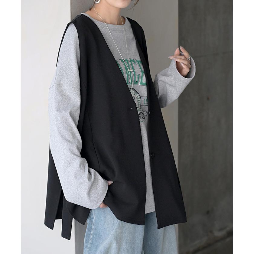 ジレ ロング 深V レディース トップス ベスト アウター ノーカラー Vネック ロングジレ ノースリーブ サイドベルト レイヤード ストレッチ | HUG.U | 11