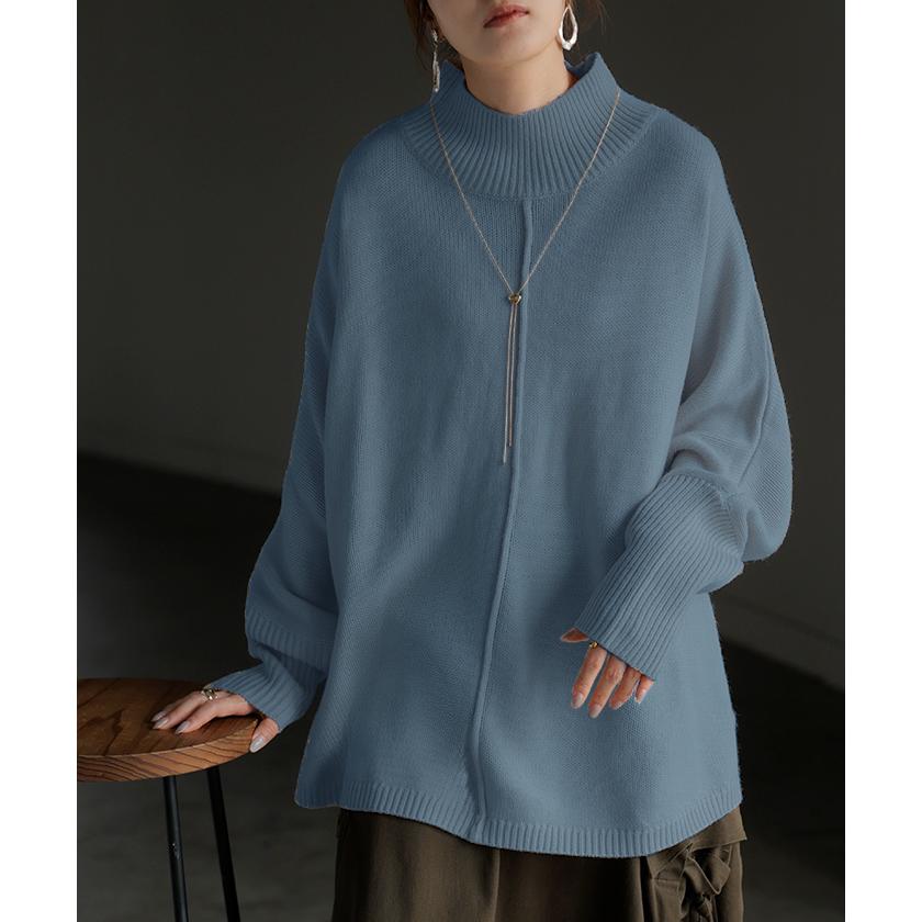 ニット ハイネック ドルマン レディース トップス ロング セーター プルオーバー 長袖 長い ドルマンスリーブ タートルネック リブ 無地 チュニック | HUG.U | 25