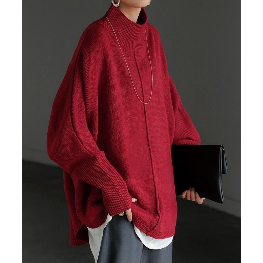 ニット ハイネック ドルマン レディース トップス ロング セーター プルオーバー 長袖 長い ドルマンスリーブ タートルネック リブ 無地 チュニック | HUG.U | 11