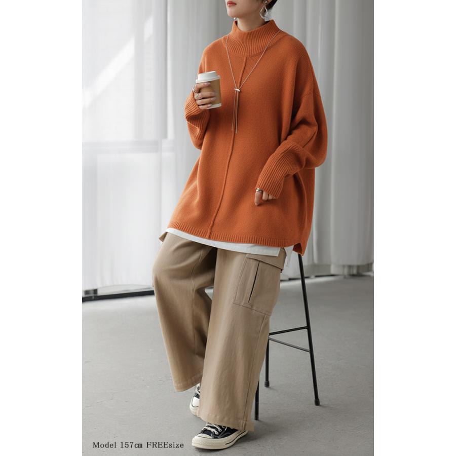 ニット ハイネック ドルマン レディース トップス ロング セーター プルオーバー 長袖 長い ドルマンスリーブ タートルネック リブ 無地 チュニック | HUG.U | 13