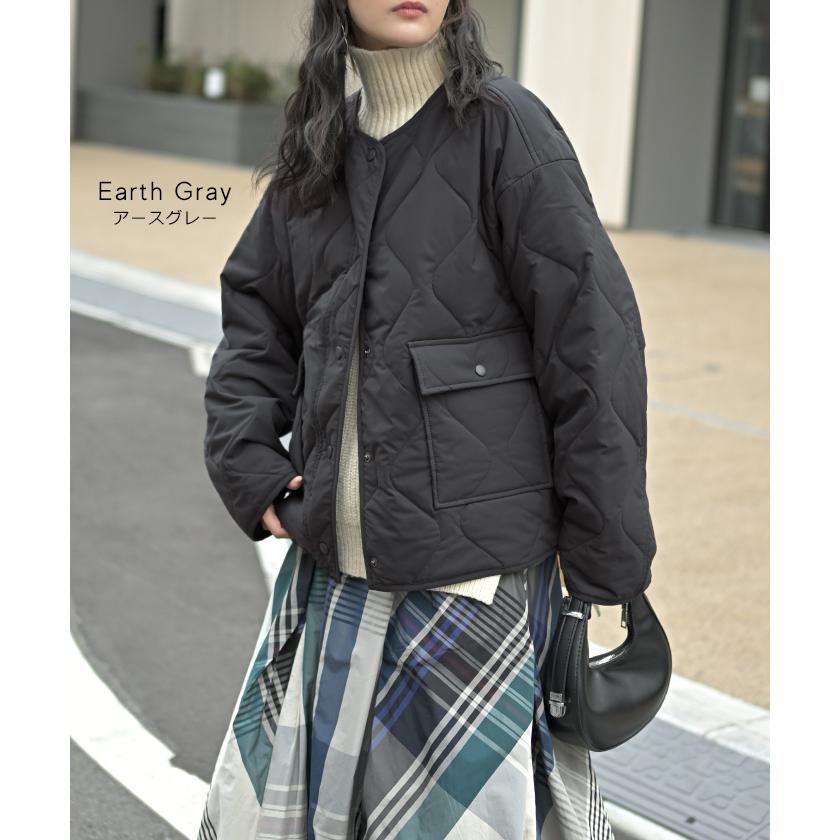 ジャケット 軽量 撥水 中綿 キルティング ジャスト丈 レディース アウター コート ブルゾン ミリタリー ノーカラー オーバーサイズ 大きいサイズ 体型カバー | HUG.U | 13