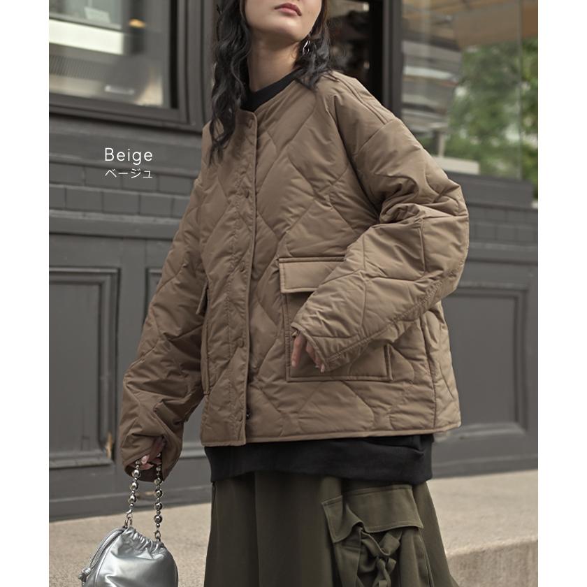 ジャケット 軽量 撥水 中綿 キルティング ジャスト丈 レディース アウター コート ブルゾン ミリタリー ノーカラー オーバーサイズ 大きいサイズ 体型カバー | HUG.U | 15