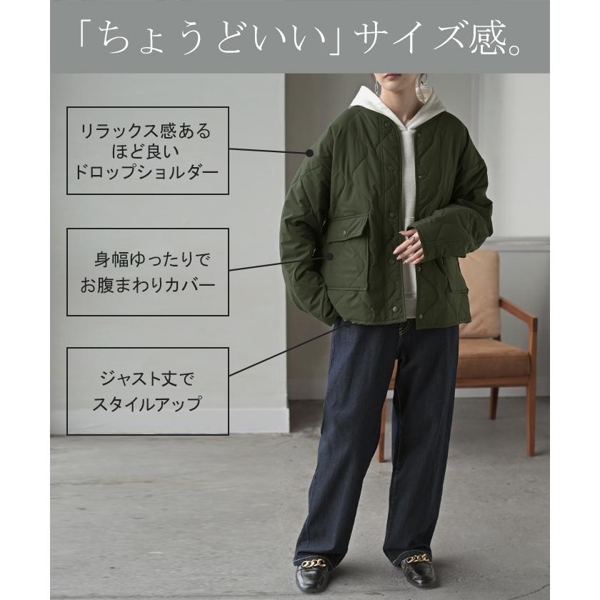 ジャケット 軽量 撥水 中綿 キルティング ジャスト丈 レディース アウター コート ブルゾン ミリタリー ノーカラー オーバーサイズ 大きいサイズ 体型カバー | HUG.U | 16