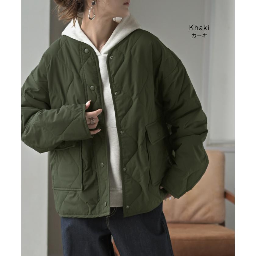ジャケット 軽量 撥水 中綿 キルティング ジャスト丈 レディース アウター コート ブルゾン ミリタリー ノーカラー オーバーサイズ 大きいサイズ 体型カバー | HUG.U | 20