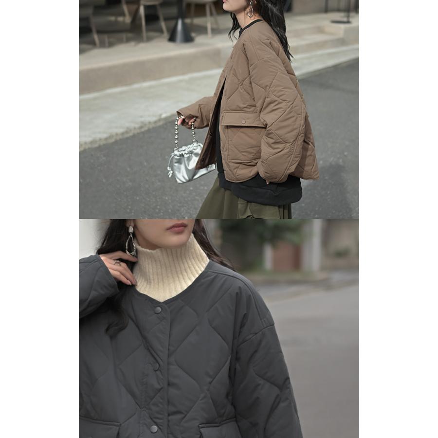 ジャケット 軽量 撥水 中綿 キルティング ジャスト丈 レディース アウター コート ブルゾン ミリタリー ノーカラー オーバーサイズ 大きいサイズ 体型カバー | HUG.U | 21