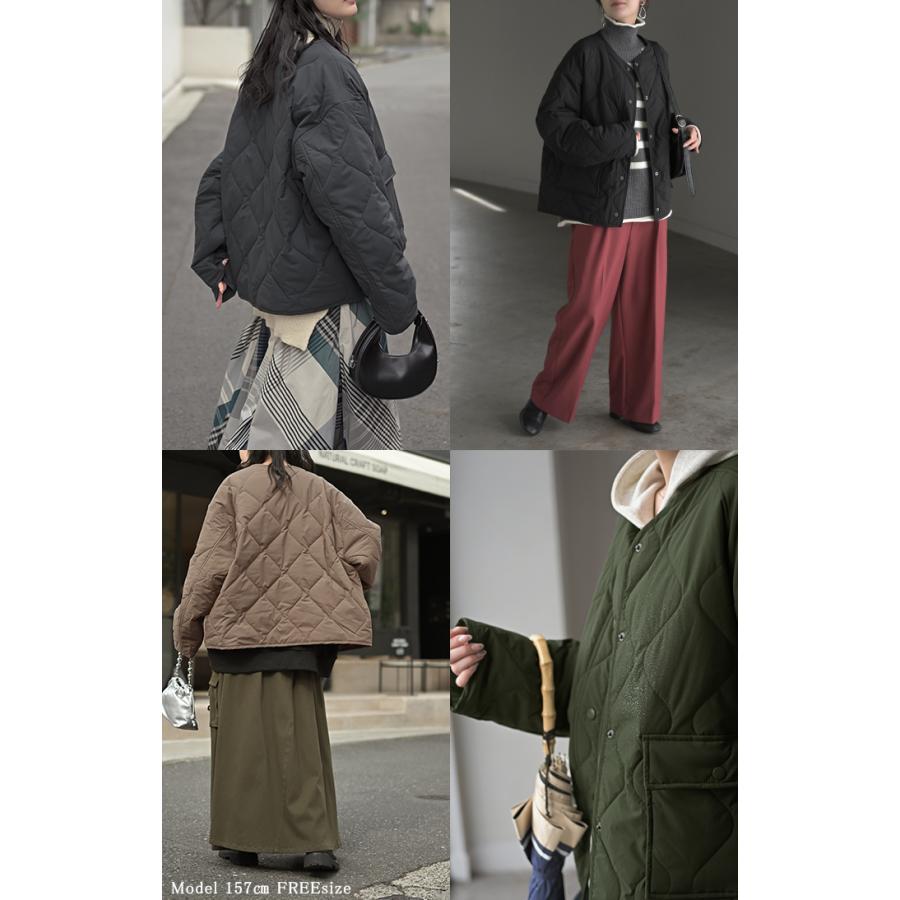 ジャケット 軽量 撥水 中綿 キルティング ジャスト丈 レディース アウター コート ブルゾン ミリタリー ノーカラー オーバーサイズ 大きいサイズ 体型カバー | HUG.U | 23