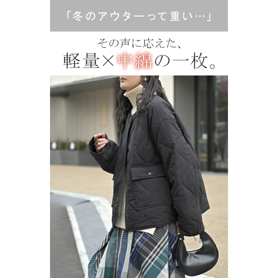 ジャケット 軽量 撥水 中綿 キルティング ジャスト丈 レディース アウター コート ブルゾン ミリタリー ノーカラー オーバーサイズ 大きいサイズ 体型カバー | HUG.U | 05