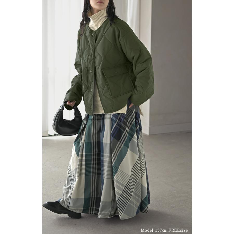 ジャケット 軽量 撥水 中綿 キルティング ジャスト丈 レディース アウター コート ブルゾン ミリタリー ノーカラー オーバーサイズ 大きいサイズ 体型カバー | HUG.U | 07