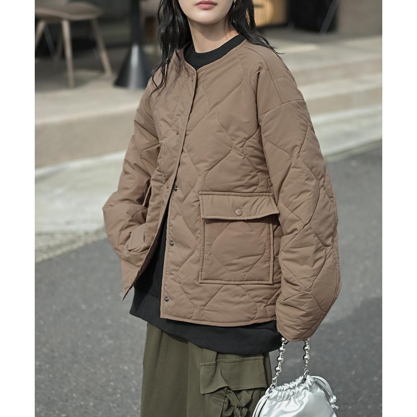 ジャケット 軽量 撥水 中綿 キルティング ジャスト丈 レディース アウター コート ブルゾン ミリタリー ノーカラー オーバーサイズ 大きいサイズ 体型カバー | HUG.U | 08