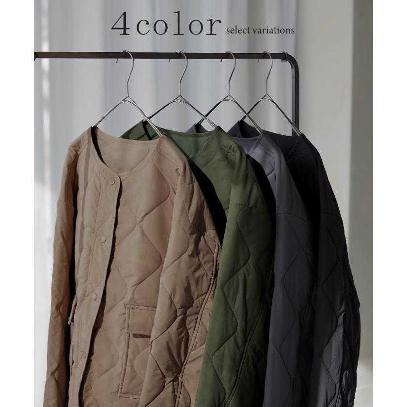 ジャケット 軽量 撥水 中綿 キルティング ジャスト丈 レディース アウター コート ブルゾン ミリタリー ノーカラー オーバーサイズ 大きいサイズ 体型カバー | HUG.U | 12