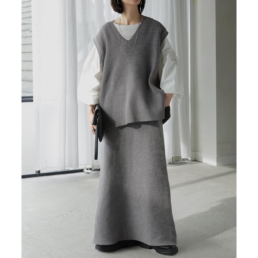 セットアップ ニットベスト スカート 2点セット レイヤード ニット ベスト ニットスカート ジレ トップス チュニック レディース ロングスカート 体型カバー | HUG.U | 06