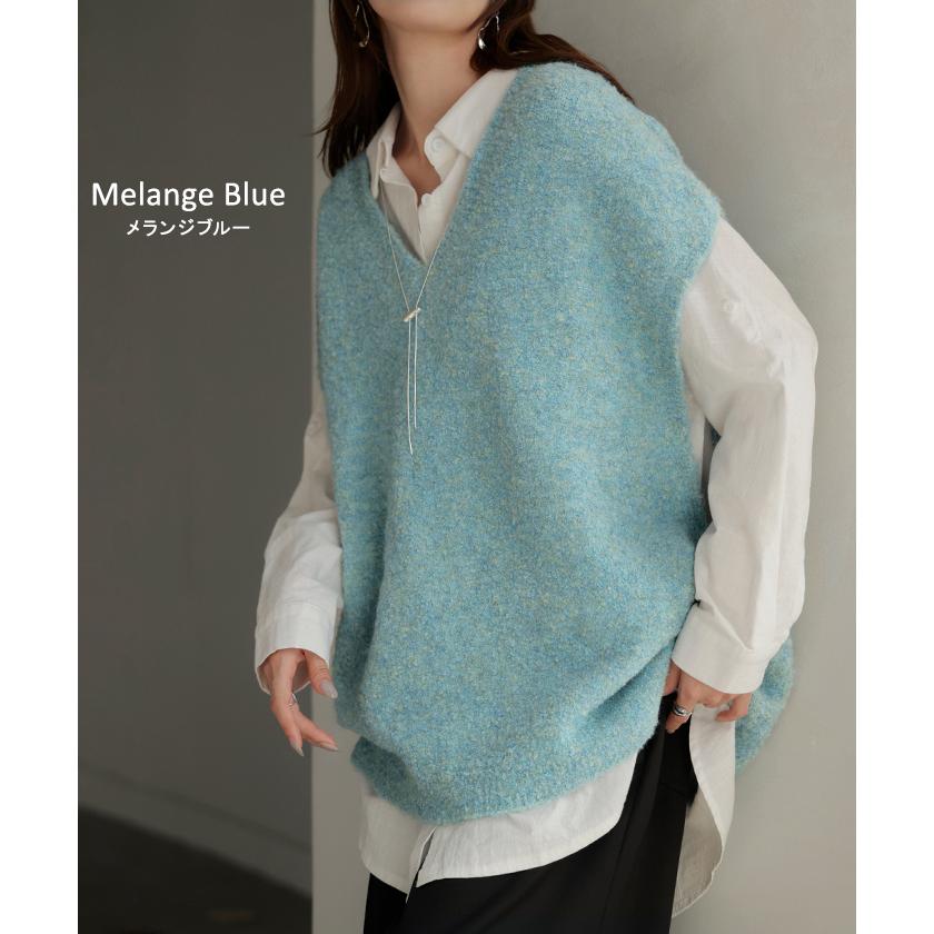 ベスト ニット ロング 選べる ネック レディース トップス セーター ジレ クルーネック Vネック チュニック ブークレ生地 コクーン レイヤード | HUG.U | 14