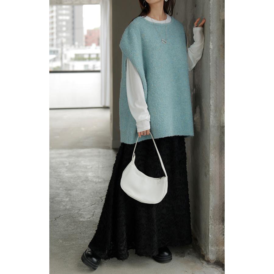 ベスト ニット ロング 選べる ネック レディース トップス セーター ジレ クルーネック Vネック チュニック ブークレ生地 コクーン レイヤード | HUG.U | 16