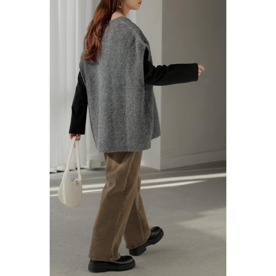 ベスト ニット ロング 選べる ネック レディース トップス セーター ジレ クルーネック Vネック チュニック ブークレ生地 コクーン レイヤード | HUG.U | 19