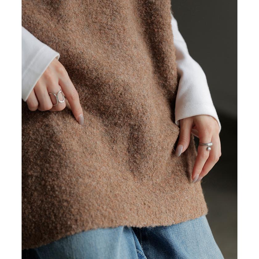 ベスト ニット ロング 選べる ネック レディース トップス セーター ジレ クルーネック Vネック チュニック ブークレ生地 コクーン レイヤード | HUG.U | 21