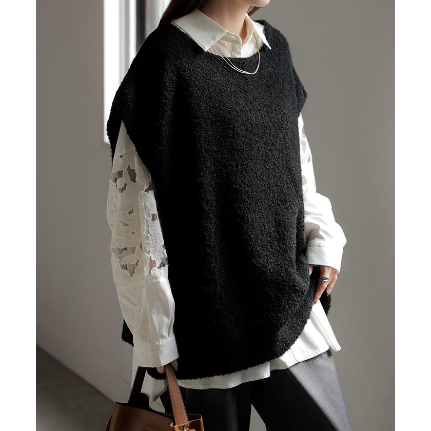 ベスト ニット ロング 選べる ネック レディース トップス セーター ジレ クルーネック Vネック チュニック ブークレ生地 コクーン レイヤード | HUG.U | 07