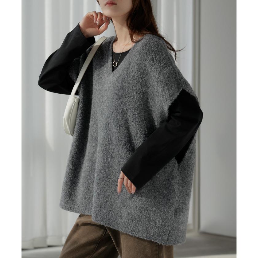 ベスト ニット ロング 選べる ネック レディース トップス セーター ジレ クルーネック Vネック チュニック ブークレ生地 コクーン レイヤード | HUG.U | 08